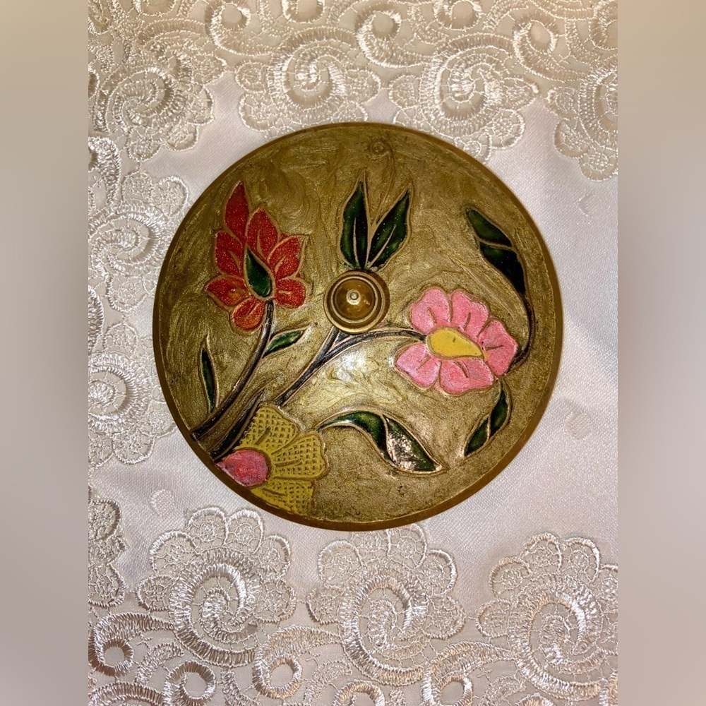 Vintage Brass enameled hand painted floral golden Bowl with lid - Picture 9 of 15